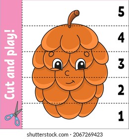 Learning numbers 1-5. Cut and play. Education worksheet. Game for kids. Color activity page. Puzzle for children. Riddle for preschool. Vector illustration. Cartoon style. Autumn theme.