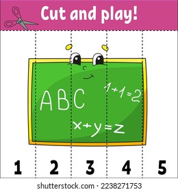 Learning numbers 1-5. Cut and play. Education worksheet. Game for kids. Color activity page. Puzzle for children. Riddle for preschool. Cartoon style. Vector illustration.