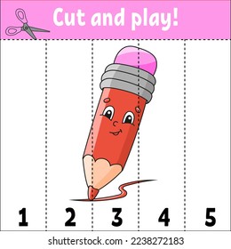 Learning numbers 1-5. Cut and play. Education worksheet. Game for kids. Color activity page. Puzzle for children. Riddle for preschool. Cartoon style. Vector illustration.
