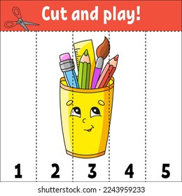 Learning numbers 1-5. Cut and play. Education worksheet. Game for kids. Color activity page. Puzzle for children. Riddle for preschool. Cartoon style. Vector illustration.