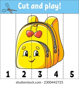 Learning numbers 1-5. Cut and play. Education worksheet. Game for kids. Color activity page. Puzzle for children. Riddle for preschool. Cartoon style. Vector illustration.