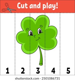 Learning numbers 1-5. Cut and play. Education worksheet. Game for kids. Color activity page. Puzzle for children. Riddle for preschool. Cartoon . Vector illustration.