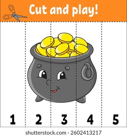 Learning numbers 1-5. Cut and play. Education worksheet. Game for kids. Color activity page. Puzzle for children. Riddle for preschool. Cartoon . Vector illustration.