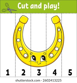 Learning numbers 1-5. Cut and play. Education worksheet. Game for kids. Color activity page. Puzzle for children. Riddle for preschool. Cartoon . Vector illustration.