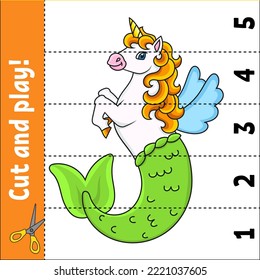 Aprendiendo números 1-5. Unicornio de sirena. Corta y juega. Hoja de trabajo de educación. Juego para niños. Página de actividad de color. Rompecabezas para los niños. Riddle por el preescolar. Ilustración vectorial. estilo de dibujos animados.