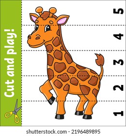 Aprendiendo números 1-5. Animales de jirafa. Corta y juega. Hoja de trabajo de educación. Juego para niños. Página de actividad de color. Rompecabezas para los niños. Riddle por el preescolar. Ilustración vectorial. Estilo de la moneda.