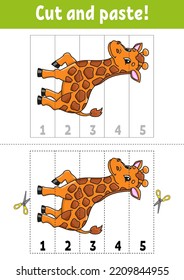 Learning numbers 1-5. Giraffe animal. Cut and glue. Coon character. Education developing worksheet. Game for kids. Activity page. Color isolated vector illustration.