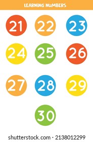 Learning numbers from 21 to 30 in colorful circles. Flashcards for preschool kids.