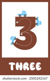 Learning numbers 3. Educational cards for children with numbers. Handwriting training. Vector illustration. Children's game. Flashcard for children learning numbers from 1 to 10.