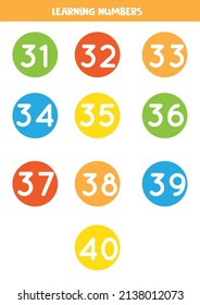 Learning numbers from 31 to 40 in colorful circles. Flashcards for preschool kids.