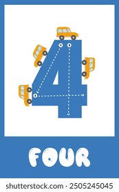 Learning numbers 4. Educational cards for children with numbers. Handwriting training. Vector illustration. Children's game. Flashcard for children learning numbers from 1 to 10.