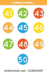 Learning numbers from 41 to 50 in colorful circles. Flashcards for preschool kids.