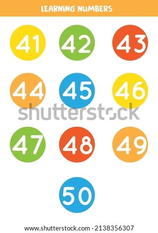 Learning numbers from 41 to 50 in colorful circles. Flashcards for preschool kids.