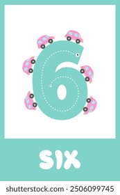 Learning numbers 6. Educational cards for children with numbers. Handwriting training. Vector illustration. Children's game. Flashcard for children learning numbers from 1 to 10.