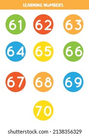 Learning numbers from 61 to 70 in colorful circles. Flashcards for preschool kids.