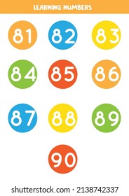 Learning numbers from 81 to 90 in colorful circles. Flashcards for preschool kids.