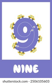 Learning numbers 9. Educational cards for children with numbers in flat style. Handwriting training. Vector illustration. Children's game. Card for children learning numbers from 1 to 10.