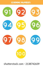 Aprendiendo números de 91 a 100 en círculos coloridos. Tarjetas flash para niños en edad preescolar.