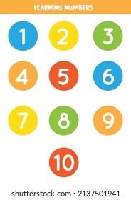 Learning numbers cards from 1 to 10. Colorful flashcards.