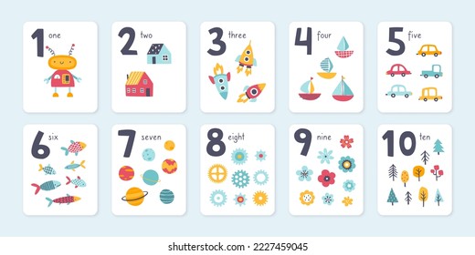 Learning numbers cards for babies. Cartoon count cards set for preschool and toddlers. Learning arithmetic for kids.