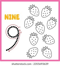 Learning numbers cards for babies. Cartoon count cards set for preschoolers and toddlers. Learning arithmetic for kids. nine strawberry
