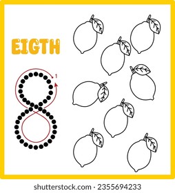 Learning numbers cards for babies. Cartoon count cards set for preschoolers and toddlers. Learning arithmetic for kids. eight lemon