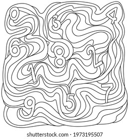 Learning numbers coloring page, confusion with waves and numbers from zero to nine, outline vector  illustration for kids activity