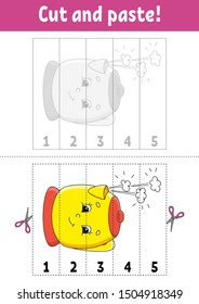 Learning numbers. Cut and glue. Education developing worksheet. Game for kids. Activity page. Funny character. Riddle for preschool. Flat isolated vector illustration. Cute cartoon style.