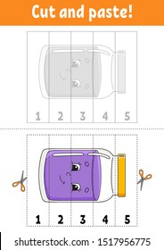 Learning numbers. Cut and glue. Education developing worksheet. Game for kids. Activity page. Funny character. Riddle for preschool. Flat isolated vector illustration. Cute cartoon style.