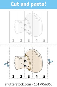 Learning numbers. Cut and glue. Education developing worksheet. Game for kids. Activity page. Funny character. Riddle for preschool. Flat isolated vector illustration. Cute cartoon style.