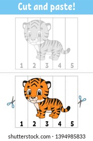 Learning numbers. Cut and play. Education developing worksheet. Game for kids. Activity page. Puzzle for children. Riddle for preschool. Flat isolated vector illustration. Cute cartoon style.