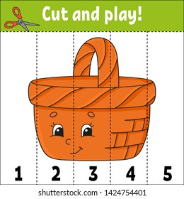 Learning numbers. Cut and play. Education developing worksheet. Game for kids. Activity page. Puzzle for children. Riddle for preschool. Flat isolated vector illustration. Cute cartoon style.
