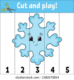 Learning numbers. Cut and play. Education developing worksheet. Game for kids. Activity page. Puzzle for children. Riddle for preschool. Flat isolated vector illustration. Cute cartoon style.