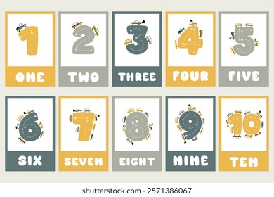 Learning numbers. Educational cards for children. Cute flashcards for preschool years and kindergarten kids. Numbers from 1 to 10. Vector illustration.