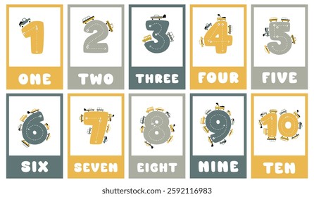 Learning numbers. Educational cards for children. Cute flashcards for preschool years and kindergarten kids. Numbers from 1 to 10. Vector illustration.