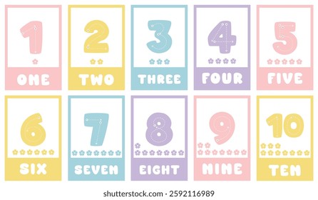 Learning numbers. Educational cards for children. Cute flashcards for preschool years and kindergarten kids. Numbers from 1 to 10. Vector illustration.