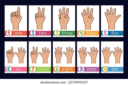 Learning numbers flashcards collection for kids. Finger counting flash cards set for preschool. Vector illustration