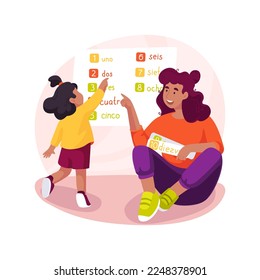 Learning numbers isolated cartoon vector illustration. Children learn count to ten, foreign language, study number names, bilingual preschool program, multilingual kindergarten vector cartoon.