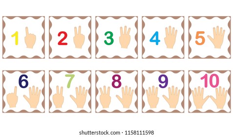 Learning Numbers, Mathematics With Fingers Of Hand. Flash Cards With Numbers From 1 To 10, Set. Game For Children. Vector Illustration.