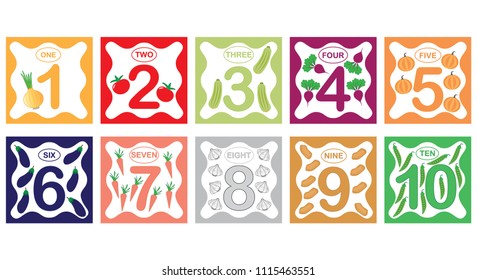 Learning numbers, mathematics with vegetables. Flash cards with numbers from 1 to 10, set. Game for children. Vector illustration.