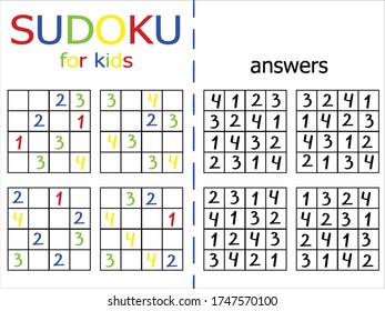 Learning numbers and practice counting set for children. Logical printable tast for kids with answer. Inside mind playing game. Isolated on white template for printing. Colorful sudoku worksheet.