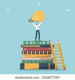 Learning and obtaining new knowledge to create innovations, development of intellect and logic to search for new opportunities, wisdom to achieve goals and success, man stands on books with light bulb