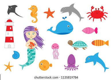 Learning ocean animals for children, fun education game for kids development, preschool worksheet activity, simple flat design, set of cartoon sea animals on white background, vector illustration