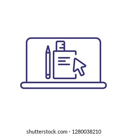 Learning on laptop line icon. Book, pen, cursor, computer screen. Online education concept. Vector illustration can be used for topics like progress, modern world, education system