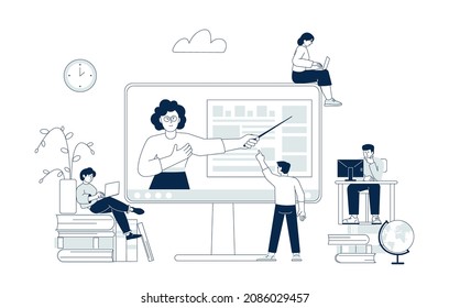 Learning online. Coaching, group students and teacher on screen. Business chat, video courses and digital education. Web lessons recent vector scene