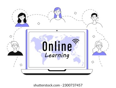 Learning online concept. Laptop with world map and student avatars. Distance education and training. Webinar and remote lecture at university or college. Linear flat vector illustration