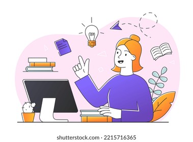 Learning online concept. Woman at computer does her homework, student preparing for test or examination. Knowledge and information, education and selfdevelopment. Cartoon flat vector illustration