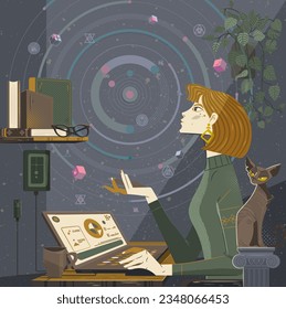 Learning online concept. Woman at computer does her homework, student preparing for test or examination. Knowledge and information, education and selfdevelopment. Cartoon flat vector illustration