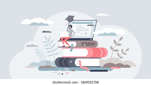 Learning Online Or Digital E-learning Studying Process Tiny Person Concept. Education Or Knowledge Growth With Virtual Book Reading For Personal Skills And Intelligence Improvement Vector Illustration