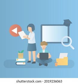 Learning Online education at home,student study on platform  and video online from screen,Searching for knowledge and ideas from the Internet,vector illustration.